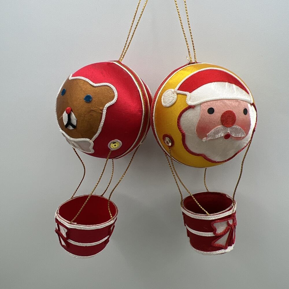 Satin Santa Teddy Bear Hot Air Balloon Christmas Ornament Candy Money Basket 4"